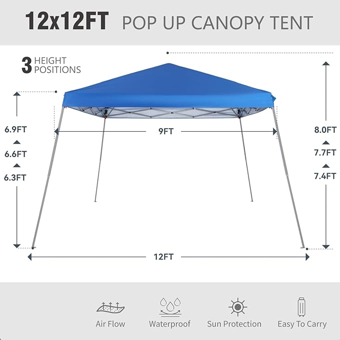 MFSTUDIO 12x12 Pop up Canopy Tent, Gazebo Shelter Sun Shade Canopies Patio Portable Popup Tents Easy Setup Waterproof with 9x9ft Top, for Beach,Parties,Picnics
