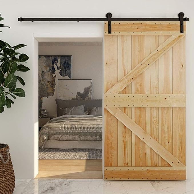 CCJH 7.5FT Single Sliding Barn Door Hardware Kit Black Carbon Steel Hanger Flat Track System for Closet Kitchen 1 Door 45 inch Wide, Smoothly and Quietly I Shape Roller