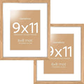 Homeforia 9x11 Picture Frame Wood, High End Natural Oak 9 x 11 Light Wooden Frames with Mat 6 by 8 in Photo, 9by11 Frame Matted to 6x8 Print, Wall or Tabletop Frame, Tempered Glass, Wall Kit, Set of 2