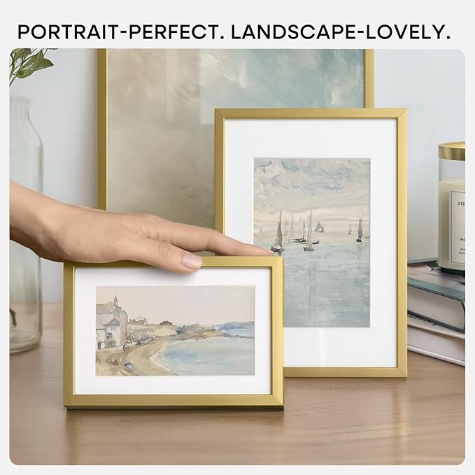 Homeforia 6x8 Picture Frame Gold, High End Metal 6 x 8 Frames with Mat 5 by 7 for Print, Photo Frame 6x8 Gold Matted to 5x7 inches Art, 6by8 Wall or Tabletop Frames, Tempered Glass, Wall Kit, Set of 2