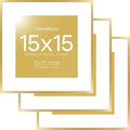 Homeforia 15x15 Picture Frame Gold, High End Metal 15 x 15 Square Poster Frame with Mat 11 x 11 Photo, 15x15 Frame Matted to 11x11 Print, 15by15 Gold Hanging Frames, Tempered Glass, Wall Kit, Set of 3