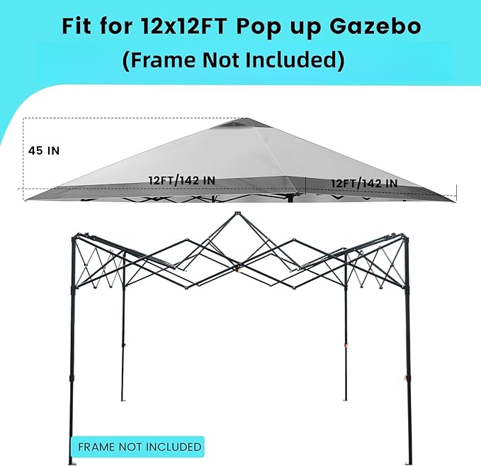 Canopy Replacement Top Cover with Air Vents for 12x12 Pop up Canopy Tent, Fit for 12x12 Pop up Gazebo, Waterproof & Anti-UV for Outdoor Shade (Frame Not Included) (Grey)