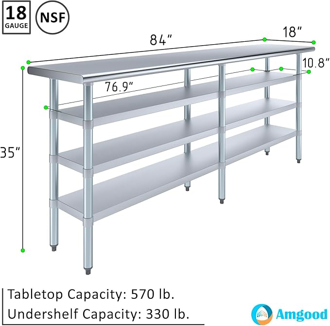 18 in. x 84 in. Stainless Steel Work Table with Three Bottom Shelves | NSF Kitchen Prep Table | Utitly Metal Table