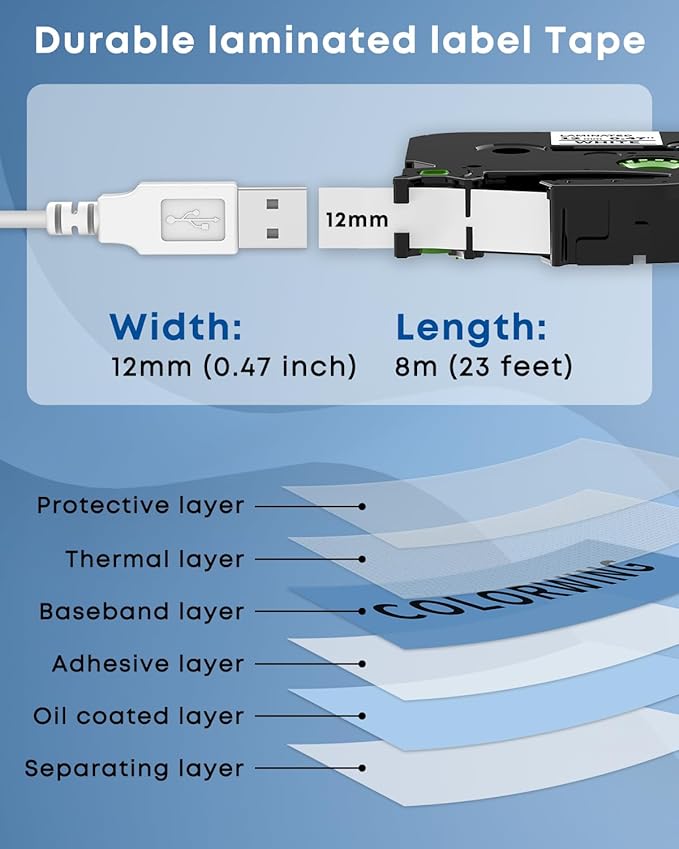 COLORWING TZe-231 Replace for Brother P-Touch Label Tape TZ Tape 12mm 0.47 Laminated White 1/2 inch TZe231 Label Maker Tape for Brother Ptouch PT-D210 D220 H110 D410 D610 1280 Cube Refills, 5-Pack