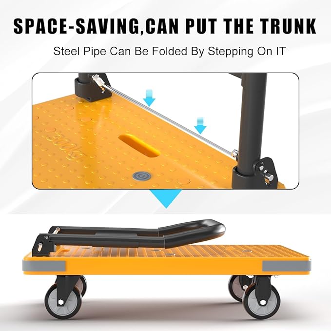 WUD Push Cart, Folding Mobile Platform Trolley,Thickened and Reinforced, 360° Swivel Wheels,28.3 “L x 18.9 ”W, 440 lb. Yellow Dolly cart with Wheels