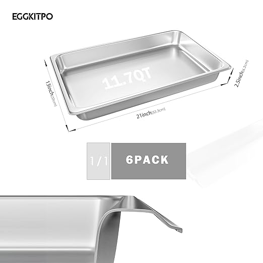 EGGKITPO Full Size Steam Table Pans 6-Pack 2.5 Inch Restaurant Stainless Steel Pan Commercial Catering Food Pan for Commercial Kitchen Supplies