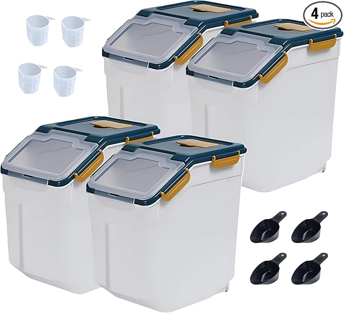 Large Flour Storage Container Bin 25lb, 4Pack Airtight Rice Storage Containers with Wheels Seal Locking Lid, BPA Free with Measuring Cup&Scoop for Flour, Rice, Grain(Blue)