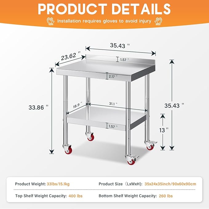 Jocisland 24" x 36" Stainless Steel Table for Prep & Work with Backsplash and Wheels, Adjustable Under Shelf & Safe Design for Restaurant, Home, Outdoor