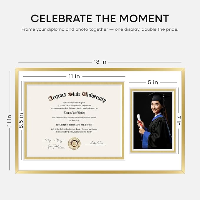 Homeforia 11x18 Gold Diploma Frame with Photo, High End Metal 11 x 18 Certificate Frames with Mat for 8.5 x 11 inches Diploma and 5 x 7 Picture, Award Degree Frames, Tempered Glass, Wall Kit, Set of 1