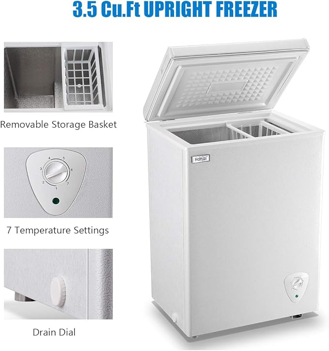 Chest Freezers Compact Mini Deep Freezer WANAI 3.5 Cu.Ft Free-standing Top Door Room Dorm Office Garage Freezer with 7 Adjustable Temp Control Removable Basket for Apartment Basement Business