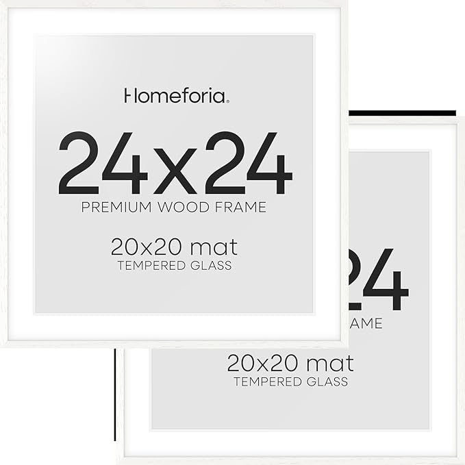 Homeforia 24x24 White Picture Frame, High End Oak 24 x 24 Square Wood Frames with Mat 20 by 20 inches Photo, 24by24 White Wooden Poster Frames Matted to 20x20 Print, Tempered Glass, Wall Kit, Set of 2