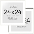 Homeforia 24x24 White Picture Frame, High End Oak 24 x 24 Square Wood Frames with Mat 20 by 20 inches Photo, 24by24 White Wooden Poster Frames Matted to 20x20 Print, Tempered Glass, Wall Kit, Set of 2