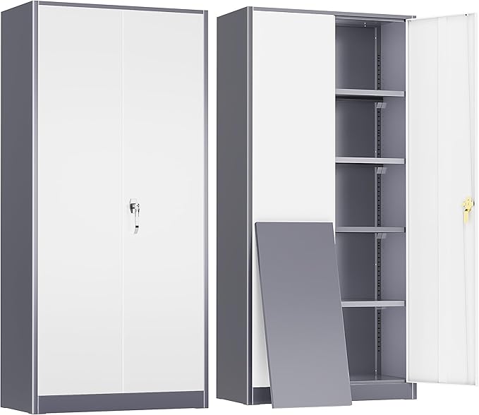 Greenvelly Metal Garage Storage Cabinet with 2 Doors and 4 Adjustable Shelves, 72”H Steel Lockable Storage Cabinet,Tall Metal Cabinet Locking File Cabinet for Office,Home, Garage, Gym, School