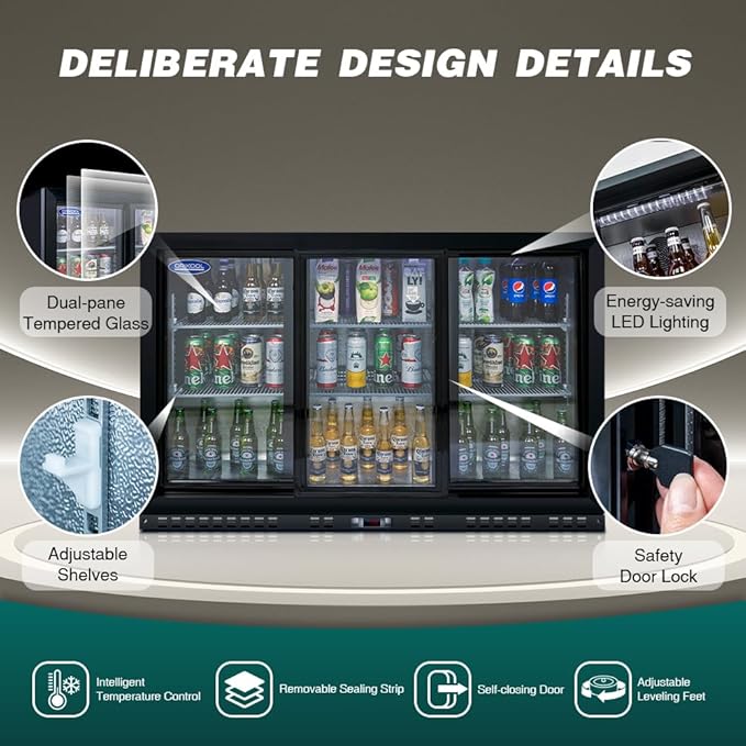 Back Bar Cooler - 480 Can Capacity Beverage Refrigerators, 3 Sliding Glass Doors, LED Lighting, Adjustable Shelves, Safety Door Lock, Perfect for Bars, Restaurants & Home