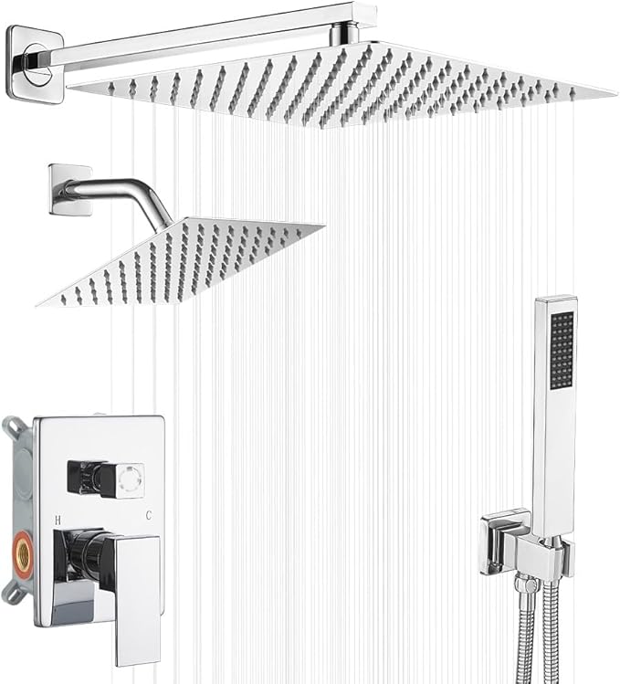 Shower Faucet Set Polished Chrome Shower System, Knob Switch Diverter Shower Faucet with High Pressure Handheld Spray, Wall Mount 10 Inch Shower Head with 6 Inch Wall Mount Shower Head