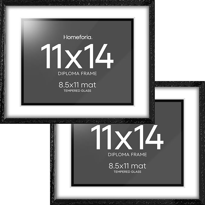 Homeforia 11x14 Diploma Frame Black Wood, High End Black Oak 11 x 14 Certificate Frames with Mat 8.5x11, 14x11 Wooden Document Matted Frame, Award Graduation Frames, Tempered Glass, Wall Kit, Set of 2