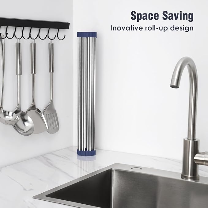 Tomorotec 21" x 15.5" Roll Up Dish Drying Rack Over Sink Drying Rack Sink Cover Kitchen Sink Accessories Gadget Multipurpose Organizer Foldable Stainless Steel Drainer