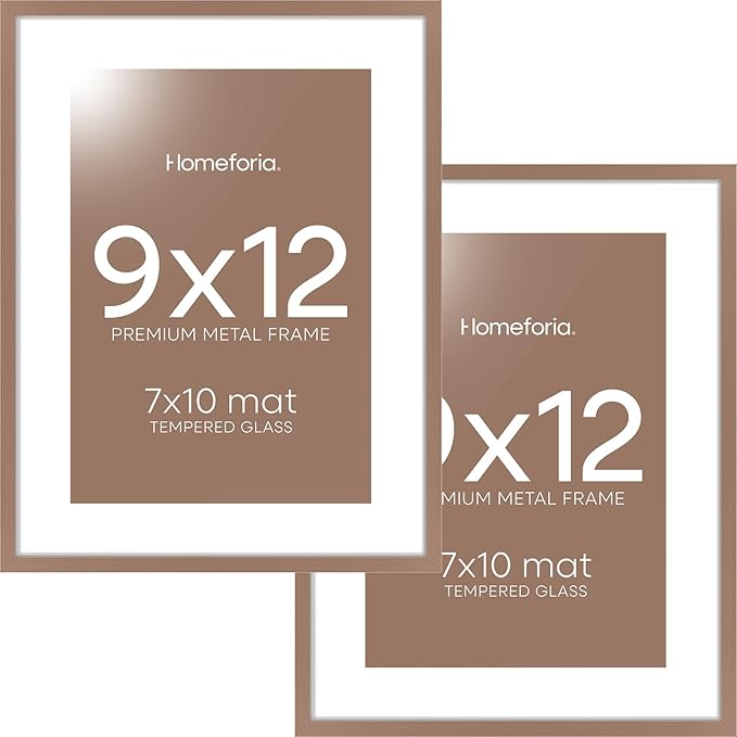 Homeforia 9x12 Picture Frame Mocha, High End Metal 9 x 12 Poster Frames with Mat 7 by 10 inch Photo, 9by12 Frame Matted to 7x10 in Art, 12x9 Wall or Tabletop Frames, Tempered Glass, Wall Kit, Set of 2