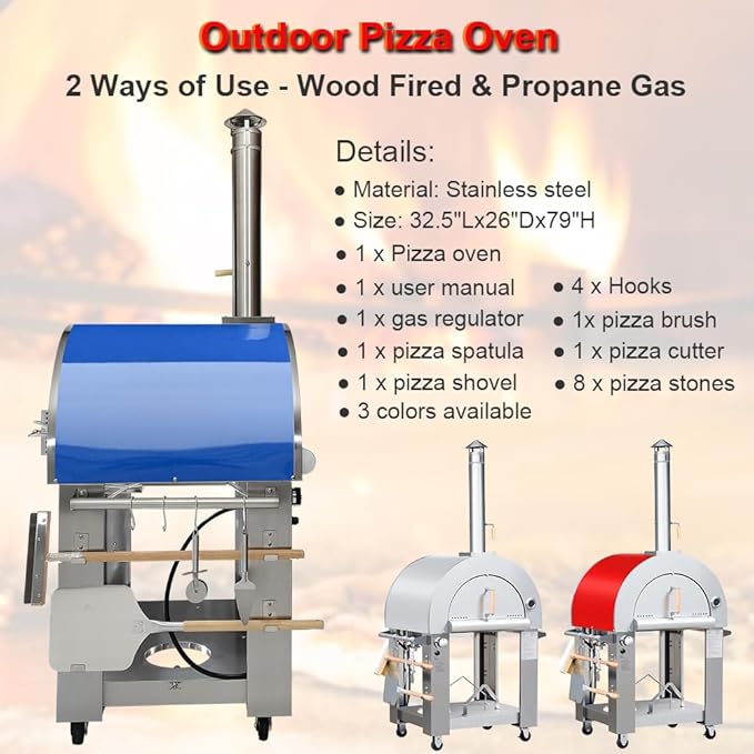 32.5" Dual Fuel Pizza Oven - Wood Fired or Propane Gas Fueled, Large Outdoor Oven with 4 Casters, 8 pcs Pizza Stones for BBQ, Grilling, 430 Stainless Steel Pizza Oven for Backyard, Camping and Party