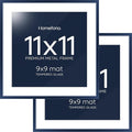 Homeforia 11x11 Navy Blue Picture Frame, High End Metal 11 by 11 Square Frames with Mat 9 x 9 Photo, 11by11 Poster Frame Matted to 9x9 inch Art, Wall Hanging Frames, Tempered Glass, Wall Kit, Set of 2
