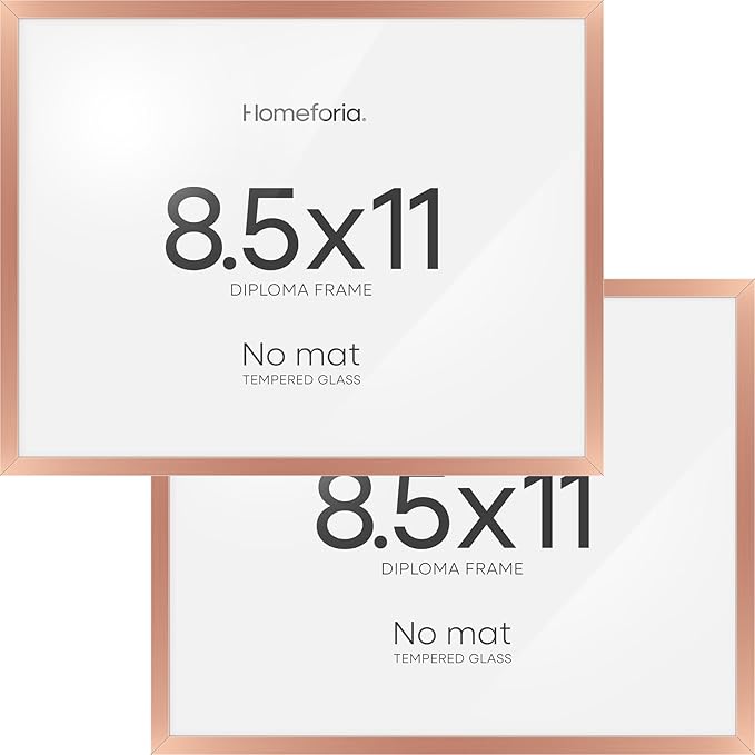 Homeforia 8.5x11 Diploma Frame Rose Gold, High End Metal 8.5 x 11 Certificate Frames, 11x8.5 Document Frames for Wall or Tabletop, 8.5 by 11 Award Letter Size Frame, Tempered Glass, Wall Kit, Set of 2