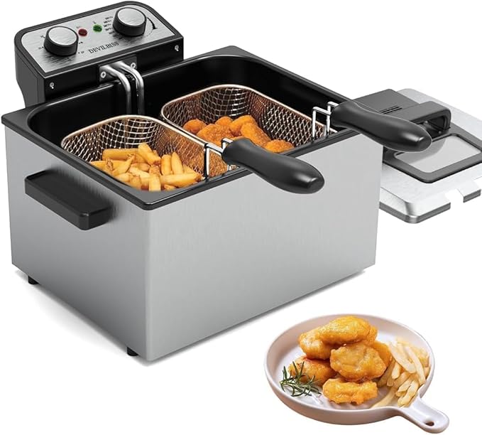 Electric Deep Fryer for Home Use, 1800W Stainless Steel Countertop Fryer with 5L Oil Tank, Removable Frying Basket & Adjustable Temperature