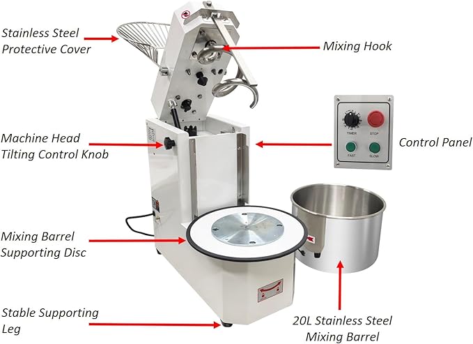 TECHTONGDA 20L Commercial Dough Mixer Machine with Removable Bowl & Timer, Double-speed Double-action Dough Kneading Machine, 110V Stainless Steel Stand Spiral Mixer for Restaurant Bakery Pizzeria ﻿
