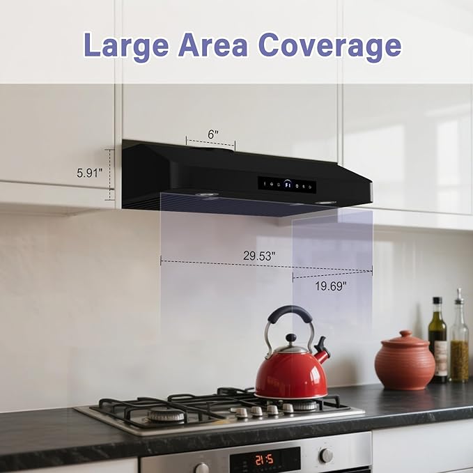 30 Inch Under Cabinet Range Hood,1200CFM Vent Hood with Powerful Suction,4-Speed Exhaust Fan,Stainless Steel Ducted Kitchen Hood Extractor with Led Lights,Smart Touch Panel,15S-E30BK