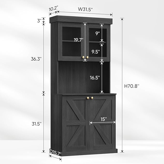 71" Tall Farmhouse Kitchen Pantry, Large Storage Cabinet with Glass Doors, Freestanding Coffee Bar Hutch with Microwave Stand, Adjustable Shelves for Kitchen, Living Room, Black 3 Pcs
