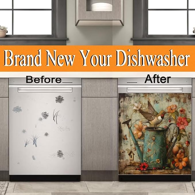 Floral Watering Can Birds Spring Dishwasher Magnet Cover,23" x 26" Dishwasher Cover,Retro Country Butterfly Magnetic Decal Vinyl Sticker Kitchen Decor Refrigerator Magnets Self Adhesive Wrap