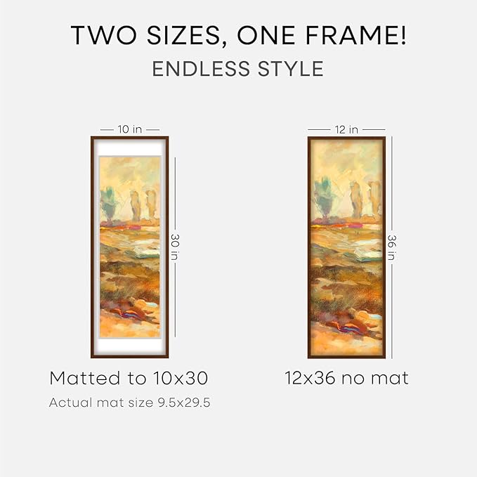 Homeforia 12x36 Picture Frame Brown, High End Dark Oak 12x36 Walnut Wood Poster Frame with Mat 10x30 Art, 12 x 36 Wooden Frame Matted to 10 x 30 Photo, 36x12 Frames, Tempered Glass, Wall Kit, Set of 2