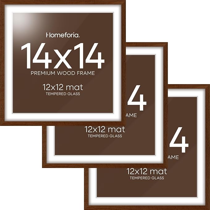 Homeforia 14x14 Picture Frame Brown, High End Dark Oak 14 x 14 Square Wood Frame with Mat 12 x 12 for Photo, 14by14 Wooden Walnut Poster Frame Matted to 12x12 Print, Tempered Glass, Wall Kit, Set of 3