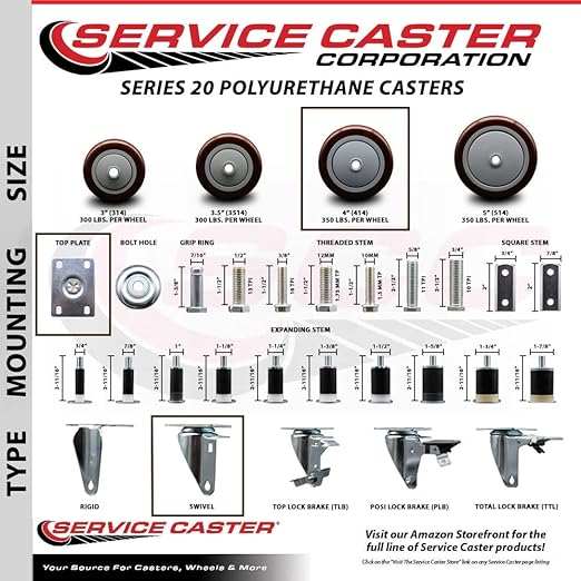 Service Caster Brand Replacement Caster for Uline Caster H-7448S - Stainless Steel Swivel Top Plate Caster with 4 Inch Maroon Polyurethane Wheel - Fits Carts and Platform Trucks H-3352