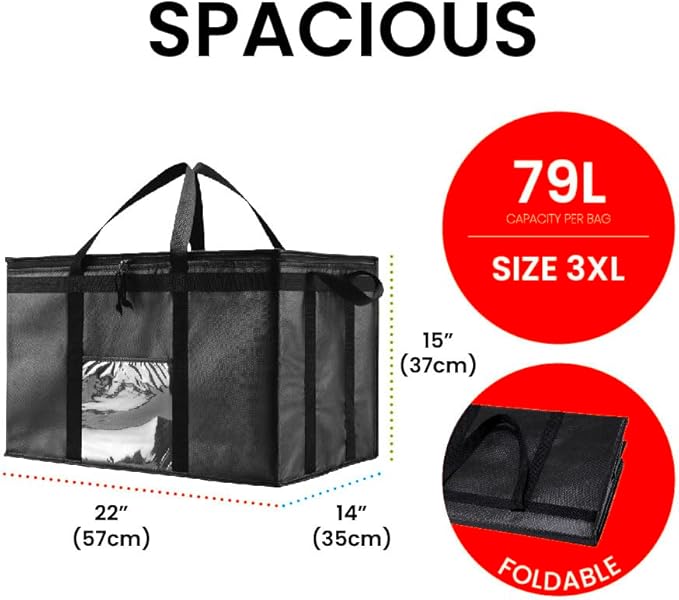 NZ home Insulated Bags for Food Delivery (3XL) Grocery Shopping Cooler Bag, Pizza Delivery, Hot & Cold Catering Tote, Reusable, Foldable & Heavy Duty (Red)