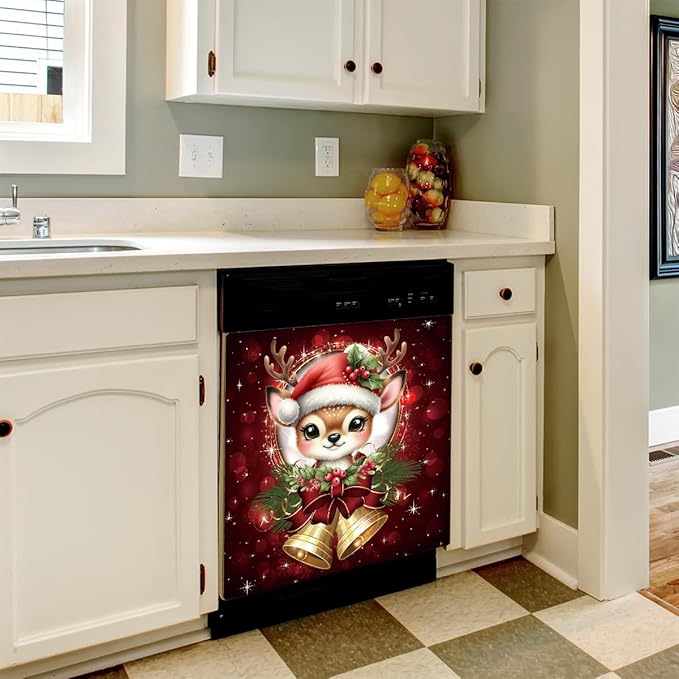 Christmas Xmas Bells Deer Dishwasher Magnet Cover Christmas Magnetic Dishwasher Decorative Cover Front Dishwasher Door Covers Dishwasher Covers Decor for Kitchen Home Appliances Gift 23" X 26"