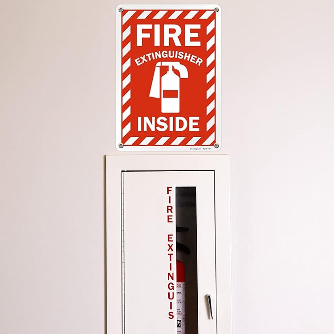 SmartSign 14 x 10 inch “Fire Extinguisher Inside” Metal Sign with Pre-cleared Holes, 40 mil Laminated Rustproof Aluminum, Red and white, Made in USA