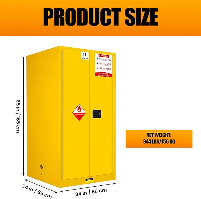 Flammable Storage Cabinet 90 Gallon Yellow, Galvanized Steel Large-Capacity Fire Resistant Cabinet, Dual Vents & 3-Point Lock for Warehouses, Industrial Use & Residential Garages