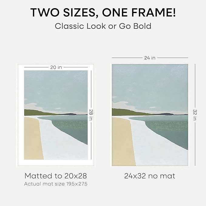 Homeforia 24x32 Picture Frame White Wood, High End Oak 24 x 32 Poster Frame with Mat 20 by 28 for Photo, 24x32 Large Wooden Picture Frame Matted to 20x28, 32x24 Thin Frames, Tempered Glass, Wall Kit, Set of 1