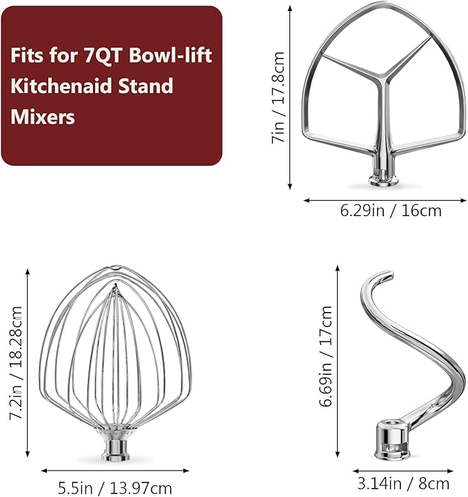 3 Pieces Stainless Steel Attachments (7QT Dough Hook,7QT Wire Whip,7QT Flat Beater Attachment) for KitchenAid Lift Stand Mixer and 7 Quart Bowl, Dishwasher Safe and Heavy Duty