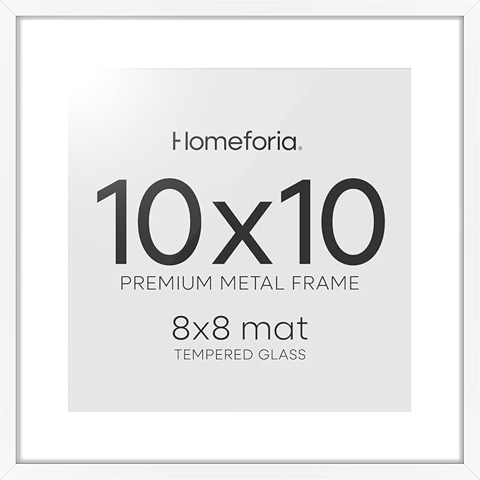 Homeforia 10x10 White Picture Frame, High End Metal 10 by 10 Square Frames with Mat 8 x 8 Opening, 10by10 Poster Frames Matted to 8x8 Photo, Wall or Tabletop Frames, Tempered Glass, Wall Kit, Set of 1