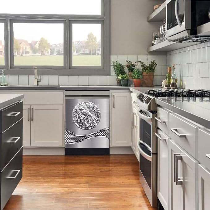 Stainless Steel Design Bird Painting Dishwasher Magnet Cover Sticker,Refrigerator Magnet Cover Decal Fridge Microwave Stickers Kitchen Decor,23 x 26 Inch