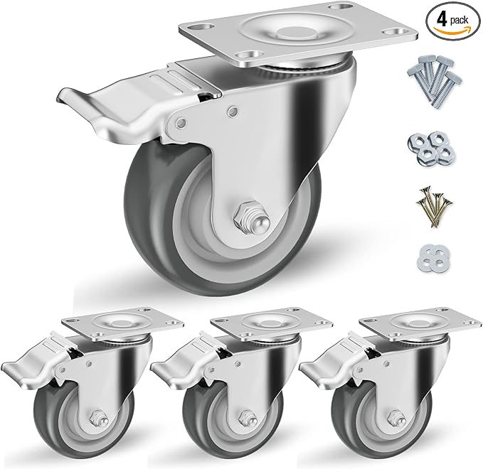 3 inch Caster Wheels, Casters Set of 4 Heavy Duty - CLOATFET Locking Swivel Casters with Brake (Top Plate), Non Marking Grey TPR Rubber Castor Wheels for Cart Furniture Workbench