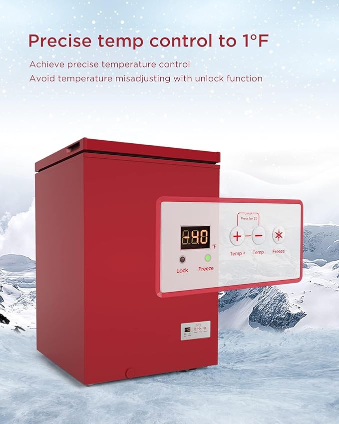 3.5 Cu Ft Chest Freezer - Super-Low Temperature - 2 Removable Baskets - Electronic Control 14℉ to -40℉- Red