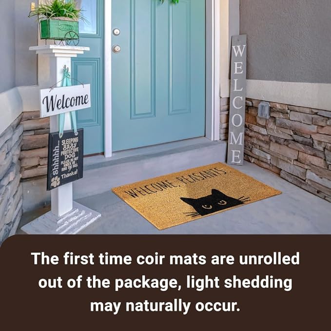 KANKUN Coco Coir Door Mat with Heavy Duty Backing, Welcome Doormat (17" x 30"), Doormat Entrance (Cat)