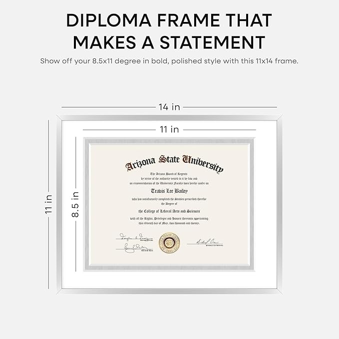 Homeforia 11x14 Diploma Frame Silver, High End Metal 11 x 14 Certificate Frames with Mat 8.5 by 11, 11by14 Document Frame Matted to 8.5x11, Award Graduation Frames, Tempered Glass, Wall Kit, Set of 1
