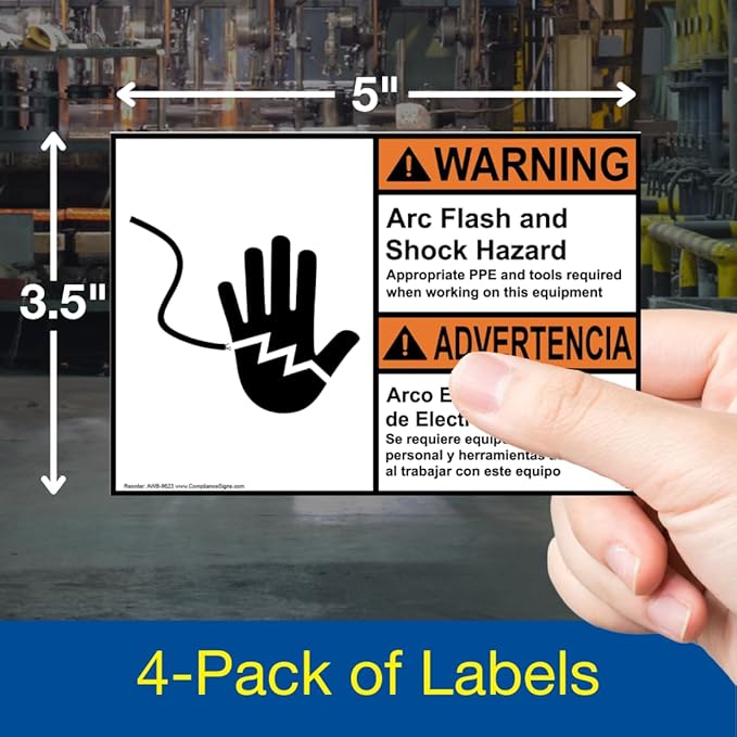 ComplianceSigns.com Warning Arc Flash and Shock Hazard English + Spanish ANSI Safety Label Decal, 5x3.5 in. 100-Pack Vinyl for Electrical, American Made Safety Signs for The Workplace