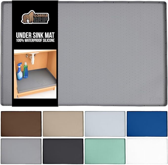 GORILLA GRIP Waterproof Silicone Under Sink Mat with Raised Lip for Kitchen and Bathroom, Cabinet Shelf Liner Stay in Place Mats Dishwasher Safe Drawer Liner, Organizer Tray, 19 x 22 in, Gray