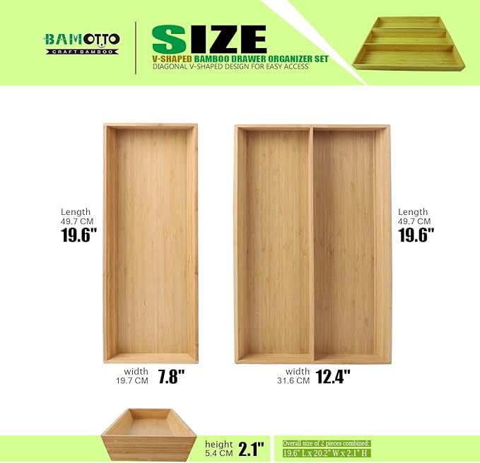 V-Shaped 2-Pack 19.6" Long Bamboo Drawer Organizer Box - Easy Reach Kitchen Utensil Flatware Silverware Cooking Tools Storage for Home Bedroom Bathroom (19.6"x12.4"/19.6"x7.8")