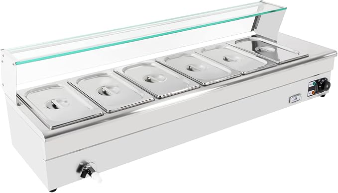 DYNAMI 110V 1200W 6 Pan Commercial Buffet Food Warmer, 6 x 3.1QT 1/3 GN 6in Deep Stainless Steel Electric Countertop Steam Table with Glass Cover & Temperature Control,for Parties Buffet Catering