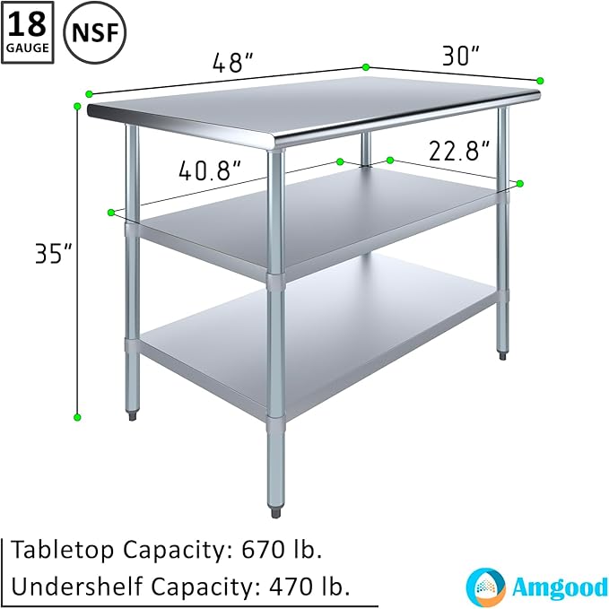 AmGood Stainless Steel Work Table with 2 Shelves | NSF | Metal Utility Table (48" Long x 30" Deep)